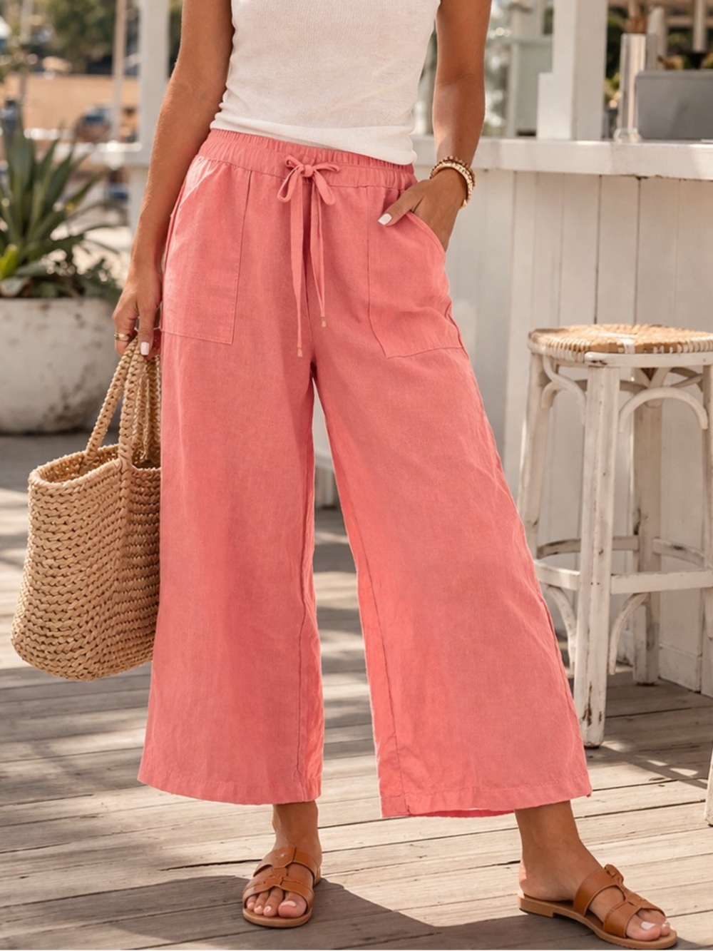 My Style Linen Blend Wide Leg Pants Medium Pink Drawstring Summer
